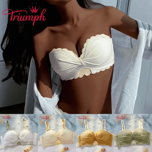 A clean, high-contrast ad featuring a primary lifestyle image of a model wearing a strapless bra, paired with a bottom grid of four color variants.